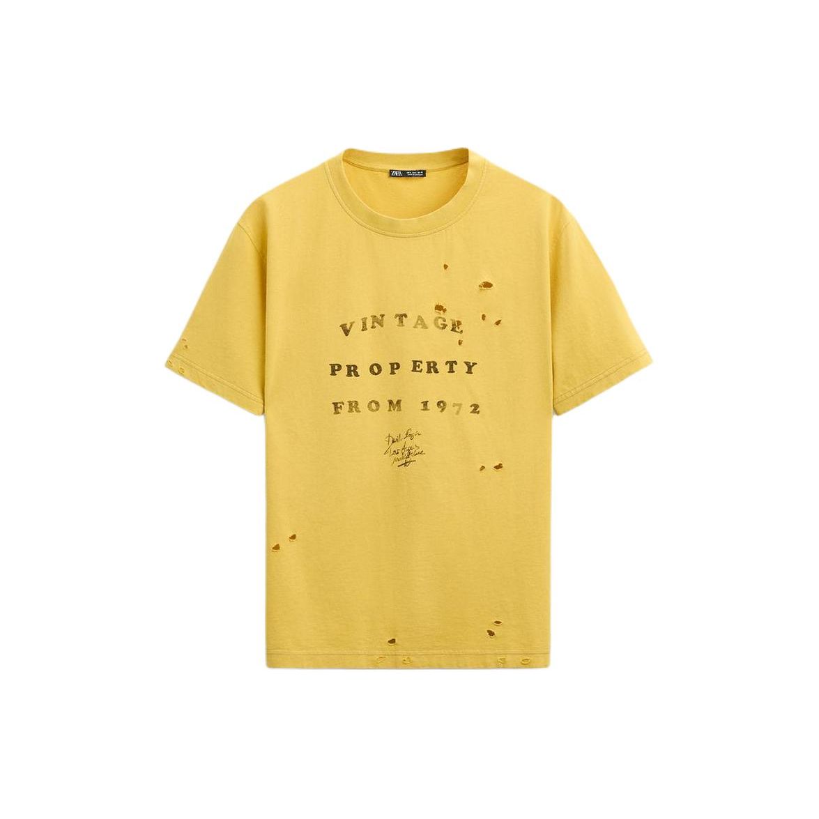 

Zara Slim Fit Ripped Wash Letter Round Neck Short Sleeve T-Shirt Men Tops Yellow 0962465-300 S