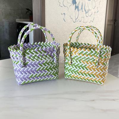 Woven Bag Gift Photo Decoration Handbag Plastic Woven Color Matching Women'S Bag Hand Bag