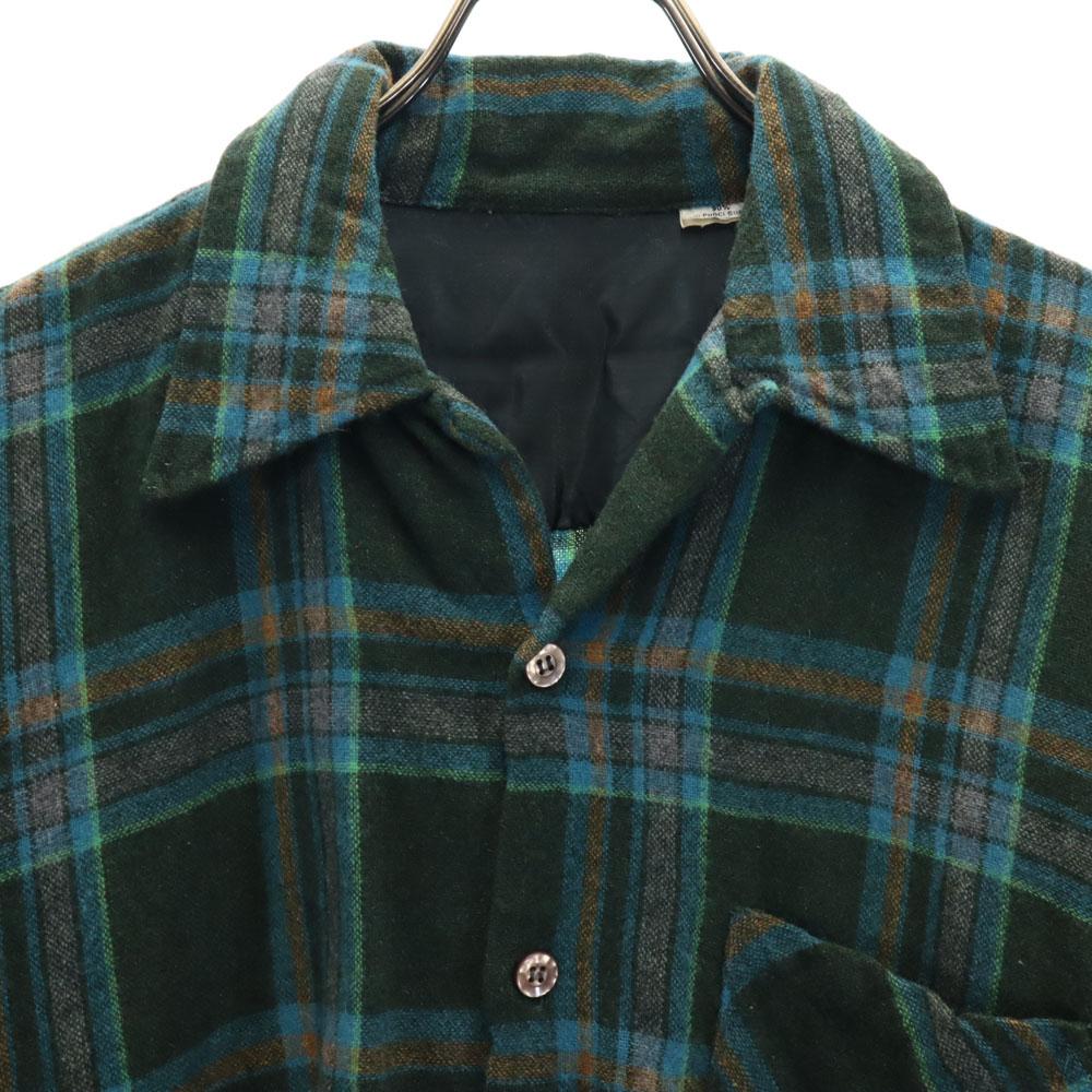 VINTAGE 70s wool blend Check Pattern Long sleeve Open collar shirt Men's Used