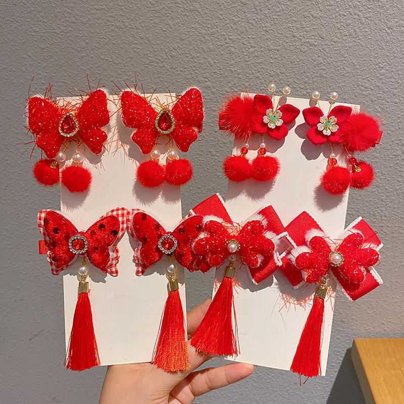 2024 Autumn/Winter Children's Red Hair Clips – Chinese Hanfu Style for New Year