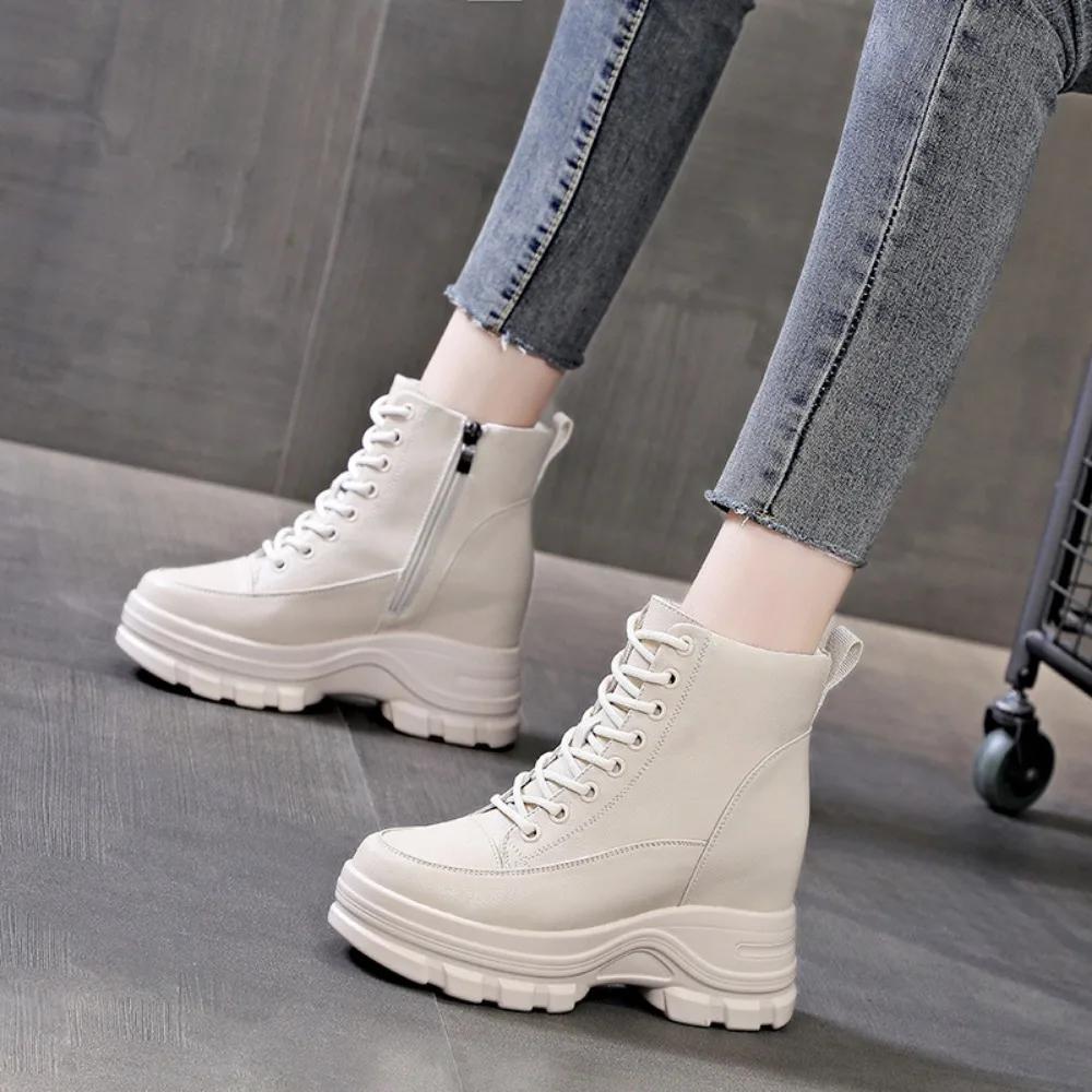 Short Boots Women  New Autumn Collection Thick Soled Woman's Shoes with Increased Height Inside British Style Womens Boots