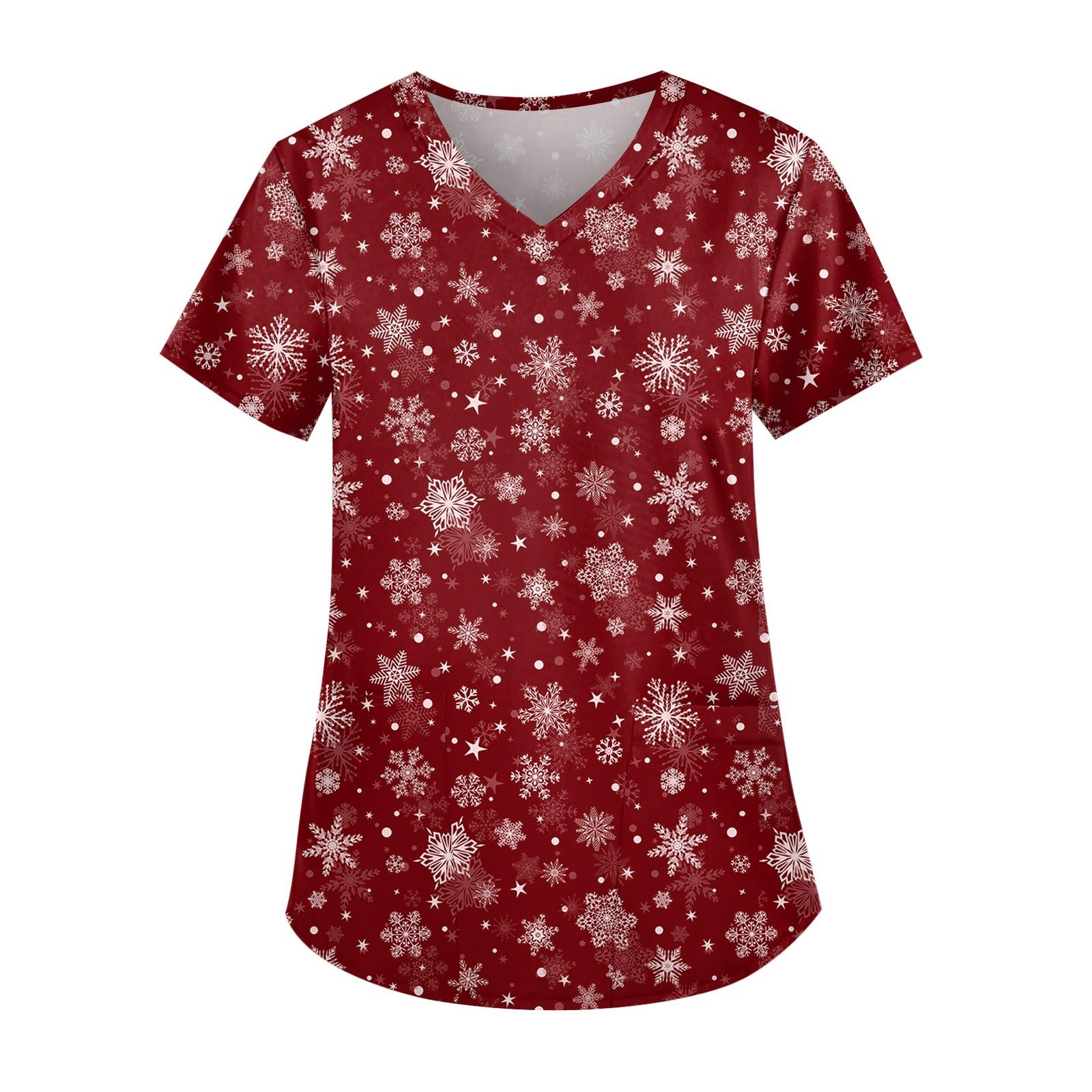 

Женская симпатичная рабочая одежда с принтом, V-образным вырезом, двухслойными карманами, базовым коротким рукавом, пуловером на Рождество XXXL винный