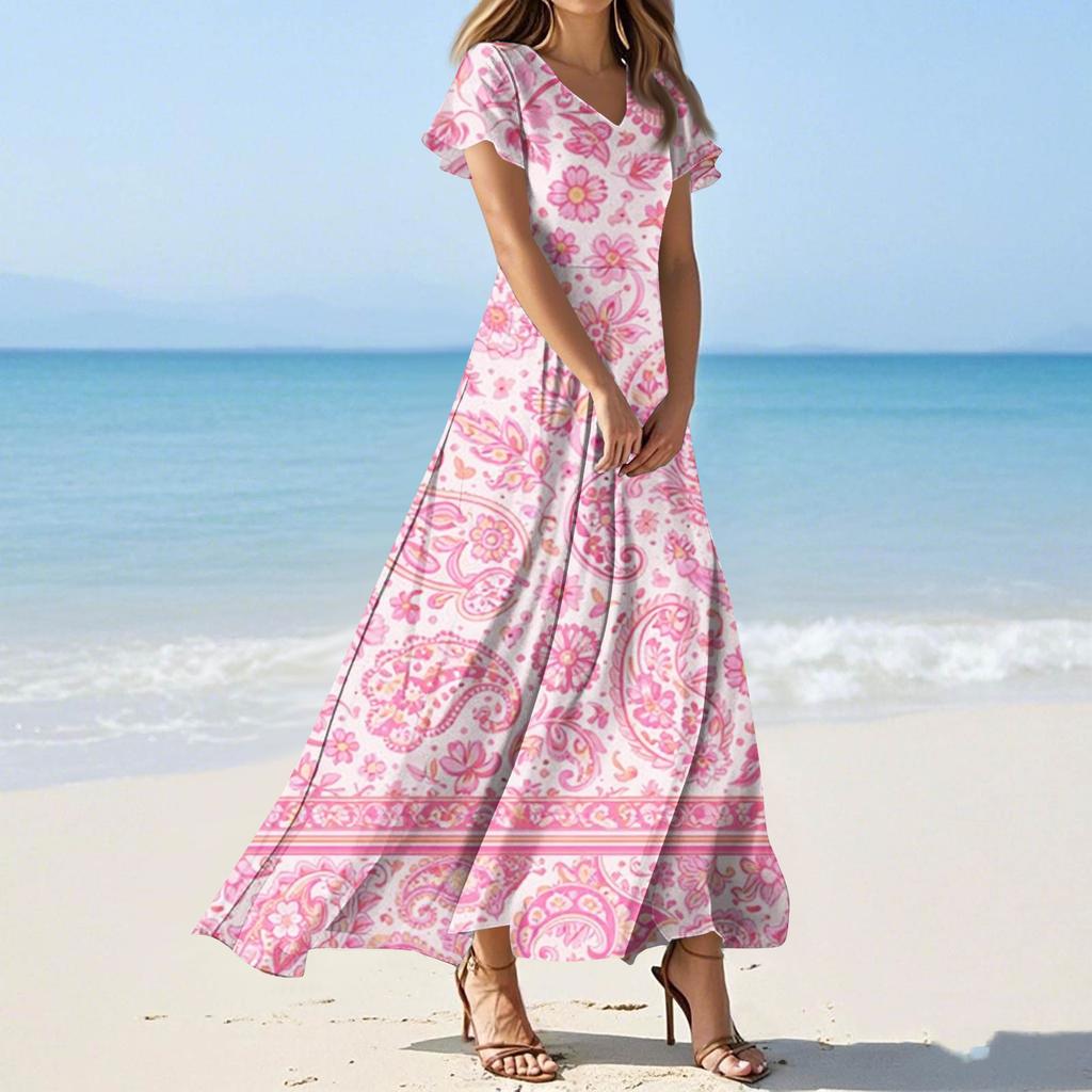 Kadın Yaz Günlük Moda Baskılı Renkli Elbiseler V Yaka Kısa Kollu Elbiseler