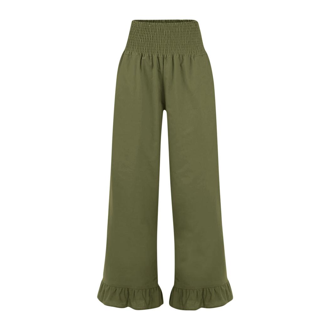 Women's Elastic Belt Pocket Linen Pants Pleated Paper Bag High Waist Ruffled Hem Wide Leg Trousers