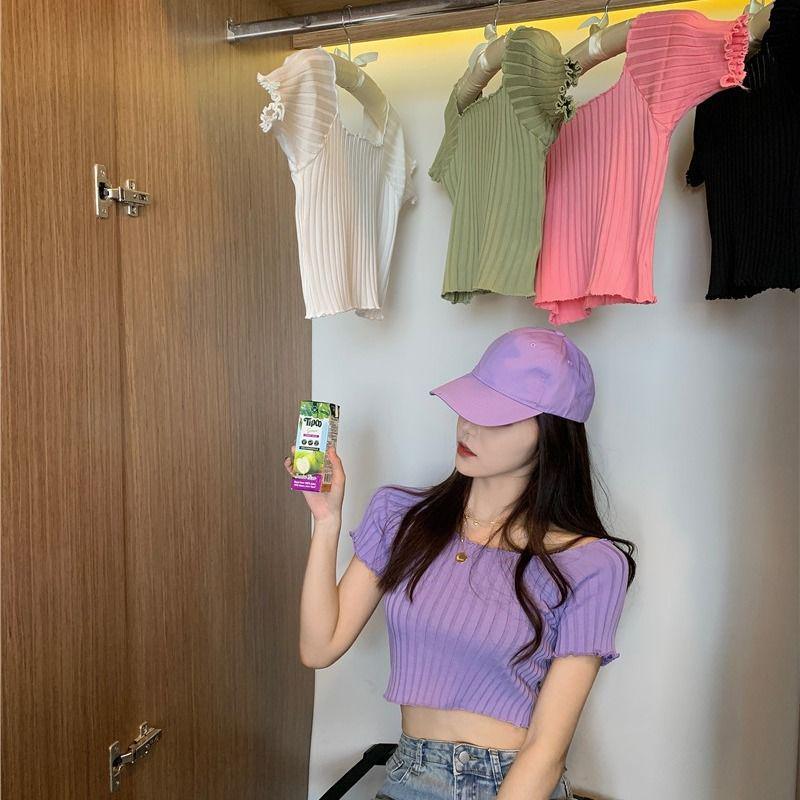 Korean Chic 2025 Summer Sexy Off-Shoulder Knit Top