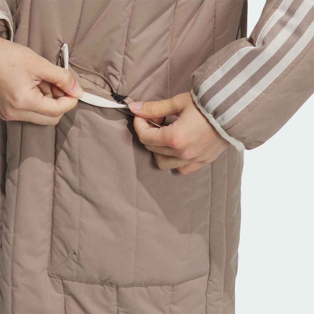 adidas Wygodna wyściełana kurtka z trzema paskami, blok kolorów, długa, sportowa, casualowa, bawełniana kurtka, płaszcze damskie, różowa, brązowa, IL8953