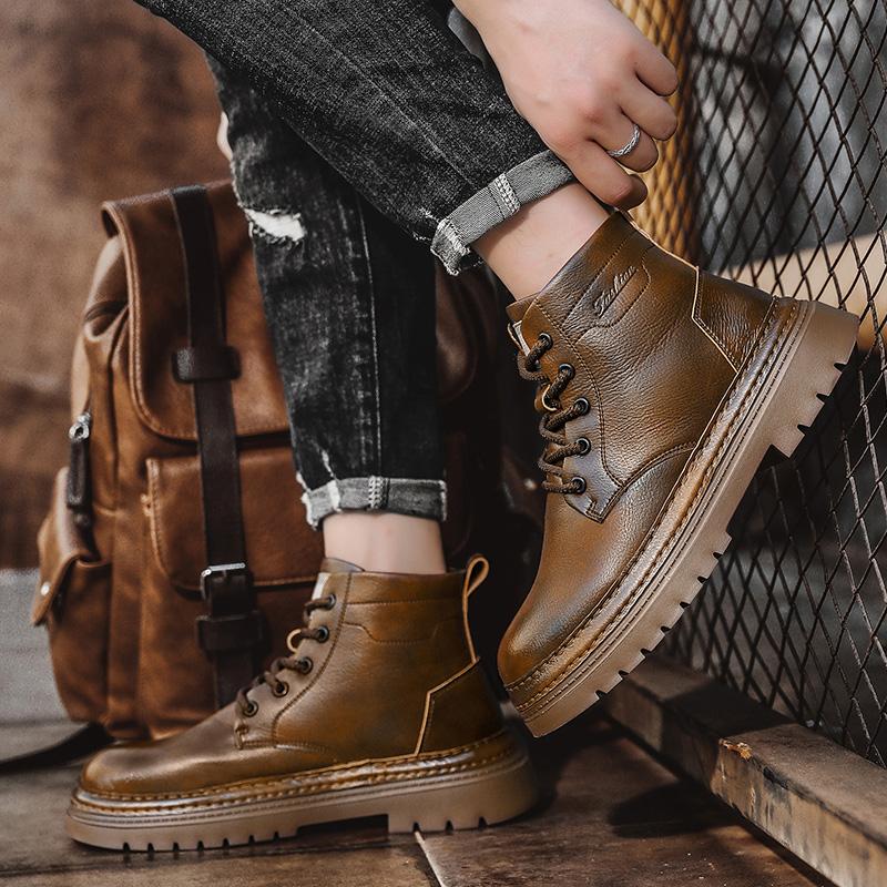 Fashion Spring and Autumn High Top Cowboy Boots New Lace-Up Mens Casual Leather Brand Soft Soled Desert Boots Non-slip Male Ankle Botas