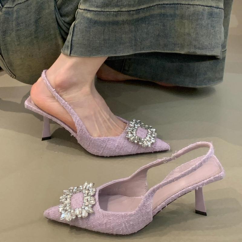 Niche temperament high heels women's 2025 French elegant rhinestone pointed head shallow mouth thin heel empty sandals