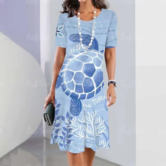 Elegantes Damen-Mode-Midikleid mit kurzen Ärmeln und 3D-Druck, Übergröße, Strandbekleidung