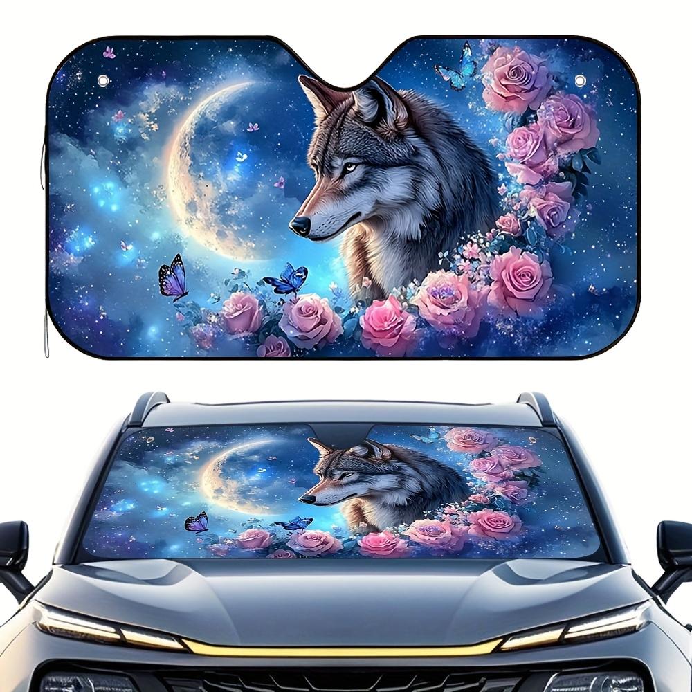 1pc Moonlit Wolf Fantasy Car Sun Visor - Wolf & Roses Night Sky Design, Fit, Easy Install, Blocks Sunlight For City Commutes & R
