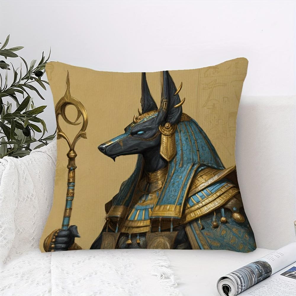 1Pc Short Plush Decorative Pillowcase, Anubis Egyptian God Print Single-Sided, 18"X18", For Sofa, Living Room, Bedroom & Office