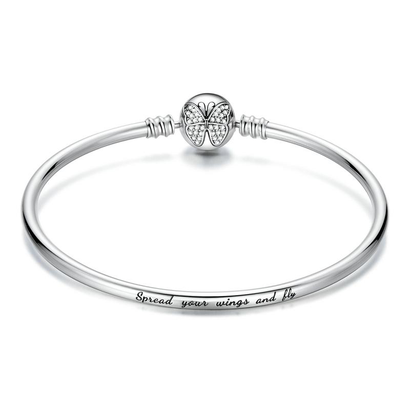WOSTU 925 Silver Butterfly Basic Bangle Engraving Spread your wings and fly Chain Bracelets Charm Women s hand CTB084 17CM
