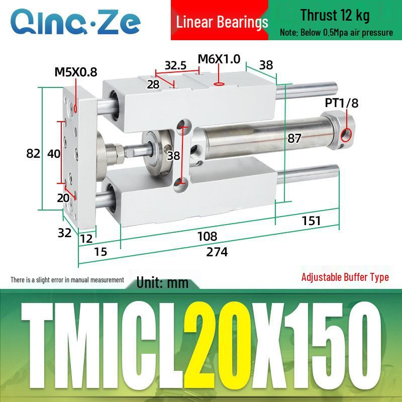 Triple-Rod Cylinder with Guide Bracket and Buffer TMICL/TMICM 12/16/20/25-50/75/100