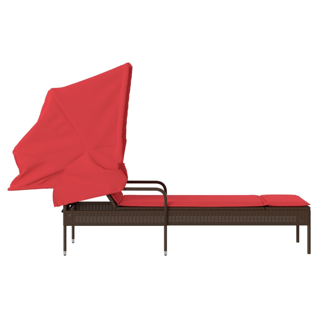 Brown Sun Lounger with Sun Canopy Poly Rattan