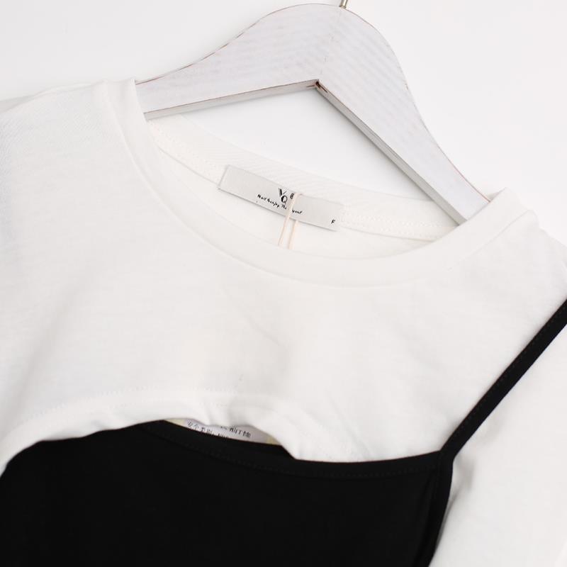 Fake Two-piece Suspender Long Sleeved T-shirt Top Women's Pure Desire Short Top Hottie Streetwear New Fashion Spring and Summer