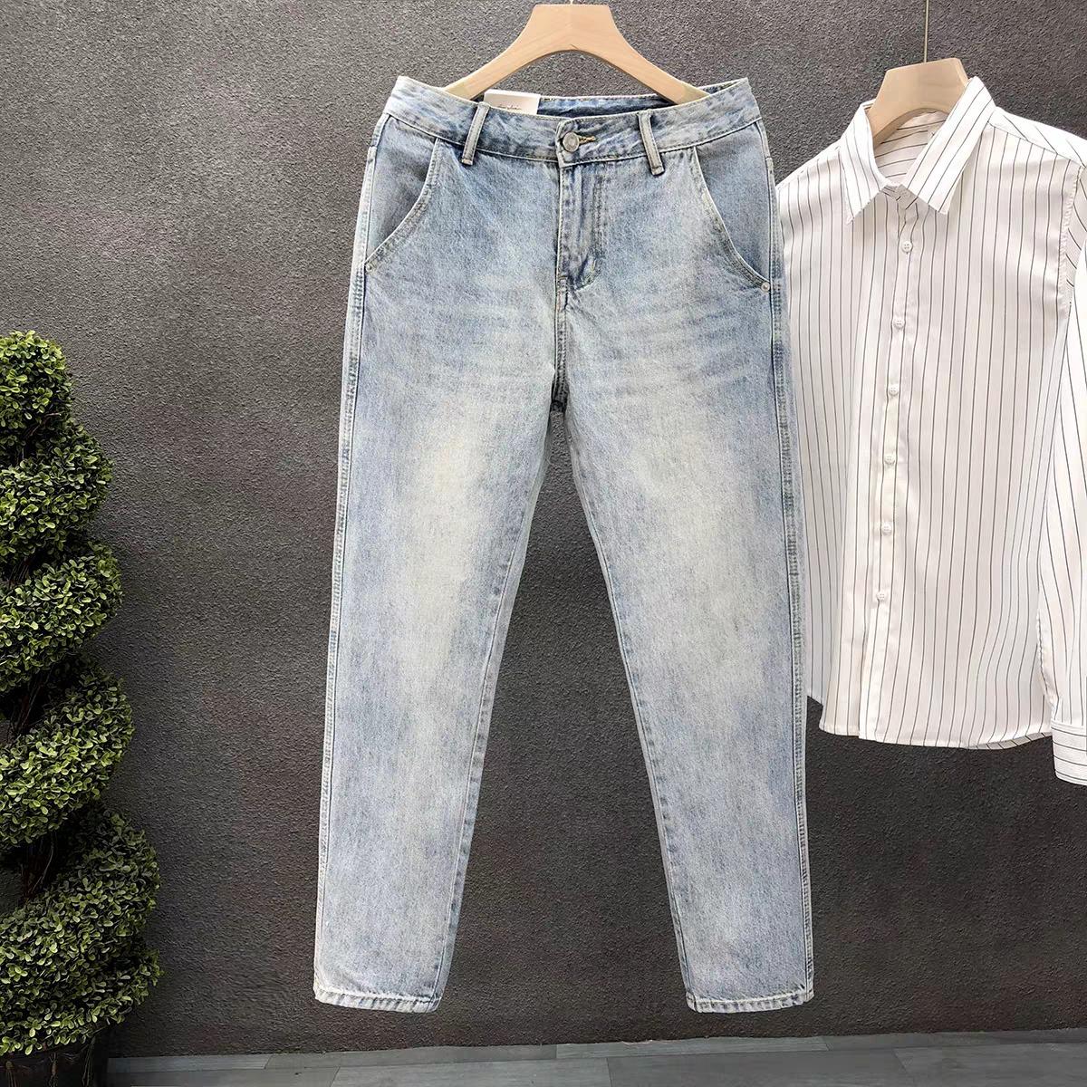 Джинсы JYL Мужские Светло-синие Зауженные к низу Летние Тонкие Высококачественные Повседневные Денимовые 34