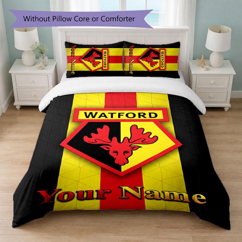 Watford FC Custom Name Text Bedding Set 1 Duvet Cover+2 Pillowcases Soccer Logo Personalized Gift For Special Occasion Bedroom Decor