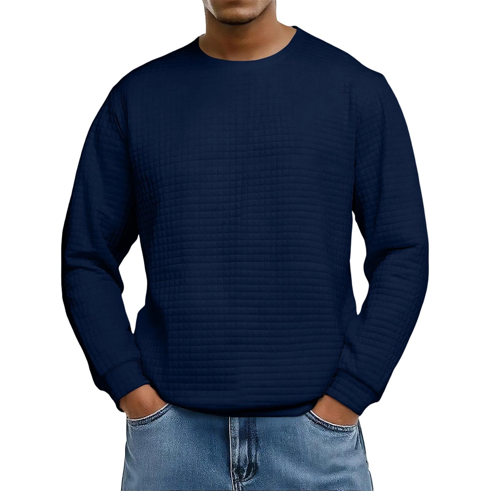

Men s Loose-fitting Casual Waffle-weave Neck Long-sleeved Top L темно-синього кольору