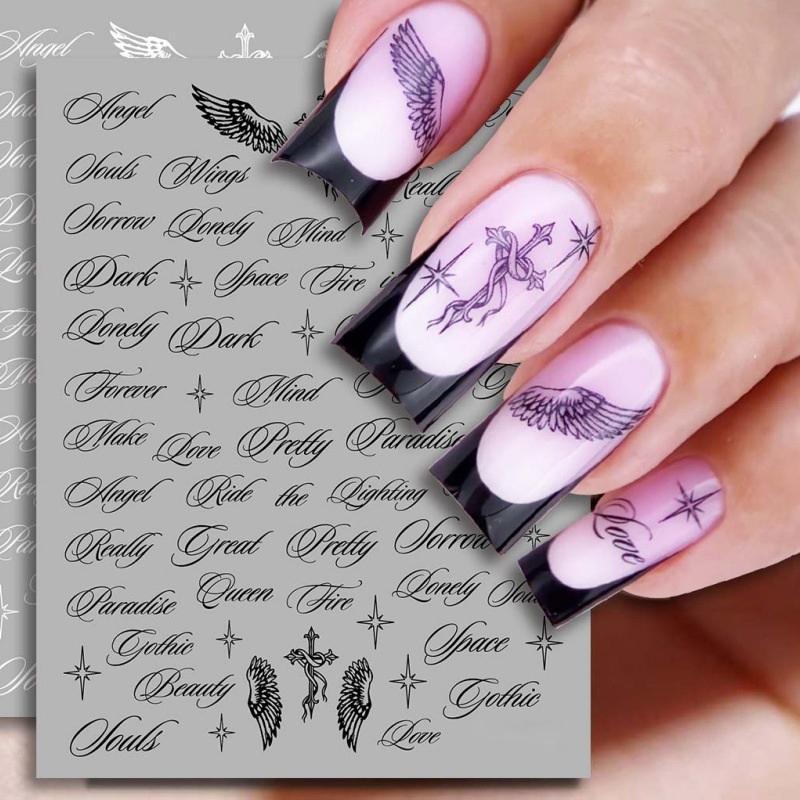 Black White Nail Stickers with Letters 3D Angel Wings Alphabet Mixed Styles Nail Decals for Professional Manicure Sets