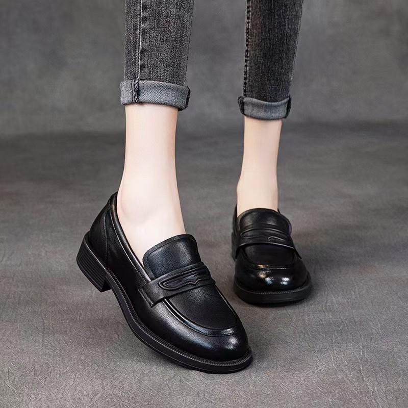 Leather retro one-pedal lazy shoes women's thick heel single shoes new small leather shoes flat bottom