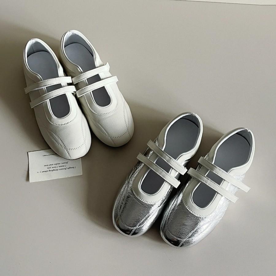 Sheepskin version~ Leather Velcro Sports Mary Jane Shoes Versatile Round Head Casual Shoes Women's Flat Ballet Training Shoes