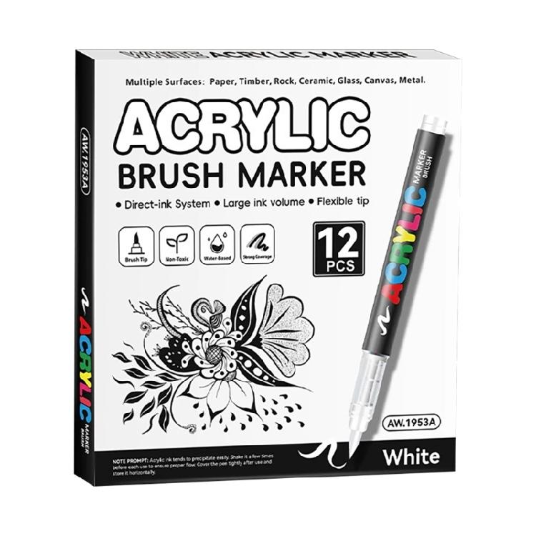 

12Pcs Acrylic Paint Pen Brush Tip Acrylic Paint Marker White/Black for Card Making Painting on Paper Wood Metal Stone