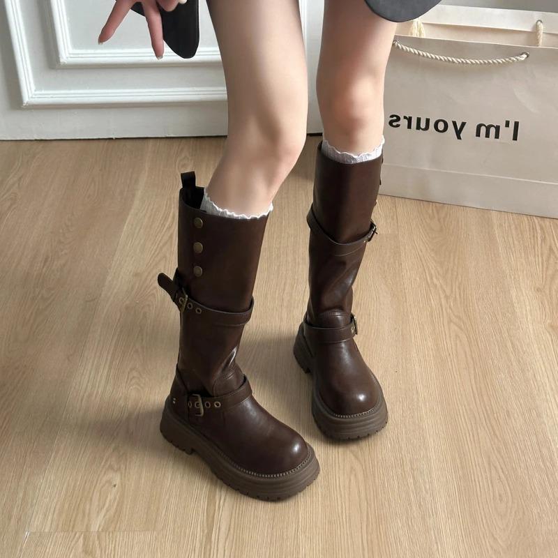 

Autumn Winter Platform Thick Bottom Woman Knee High Boots Shoes Ladies Elegant Belt Buckle Western Cowboy Botas 35
