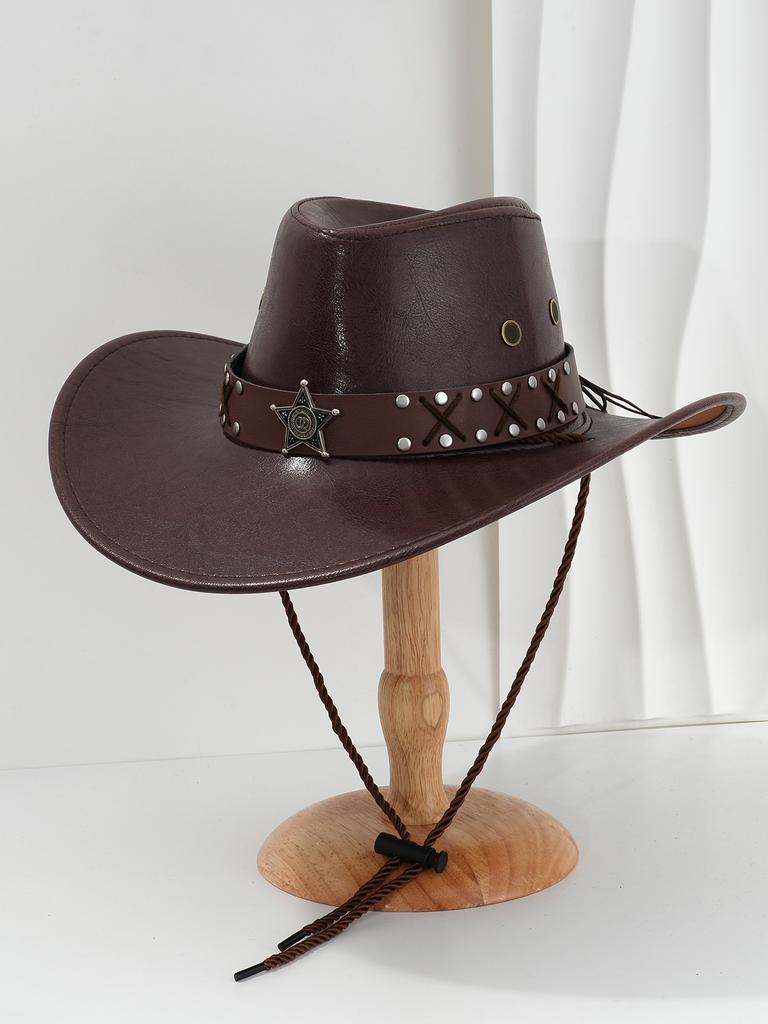 Men's and Women's Western PU Leather Denim Hats, Personalized Metal Woven Stars, Rivets, Accessories, Belts, Suitable for Mountain Climbing Trips