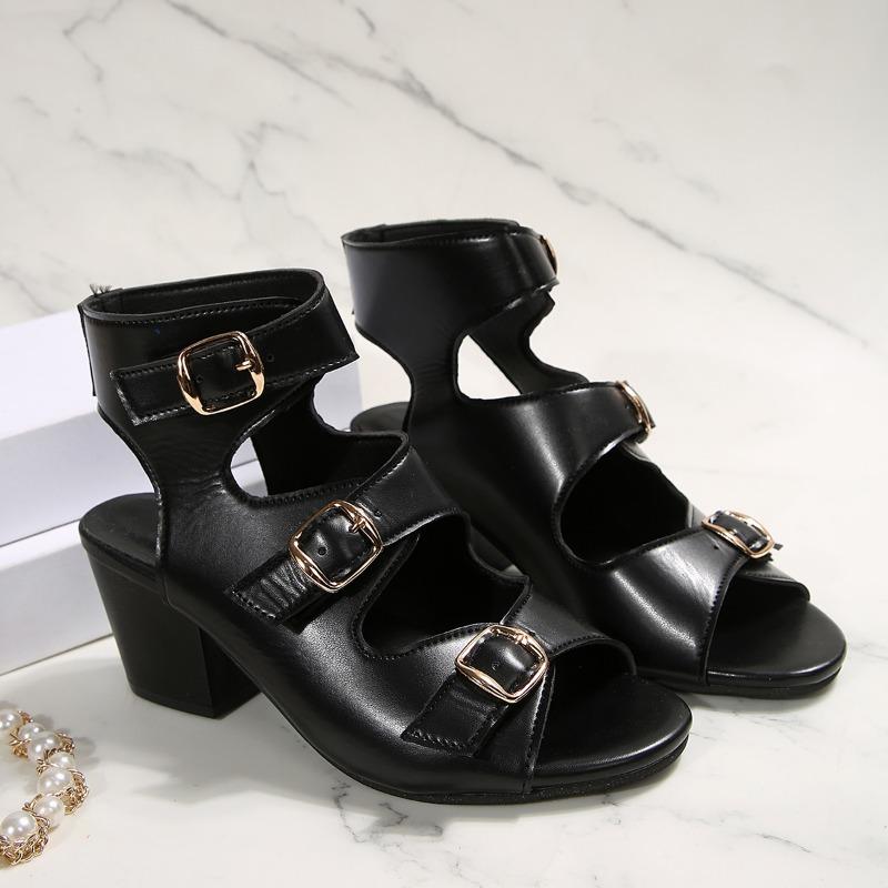 

Women s High Heels Roman Shoes Summer New Round Head Metal Buckle Soft Sole Anti-slip Wear-resistant Heel Shoes 43 чорний