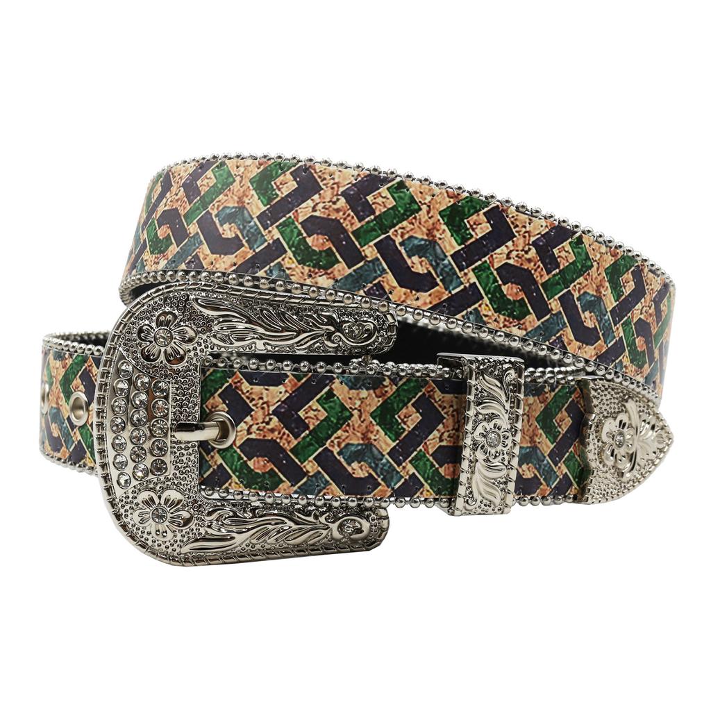 Men'S Trend Original Design Rhinestone Printed Belt Women'S Fashion Personality Pu Leather Belt