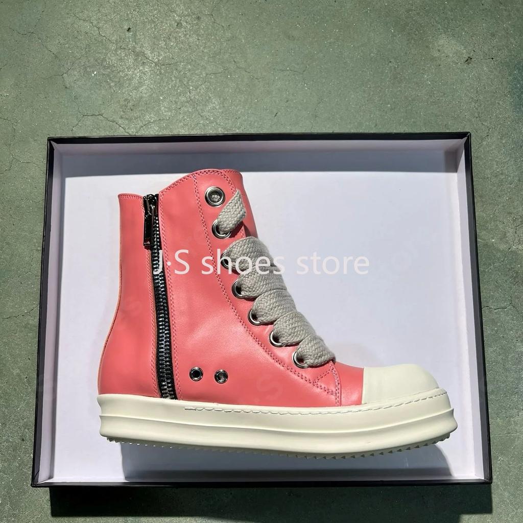 R-o Luxury Men Sneaker Peach Pink Leather High Top Shoe Women Boots Jumbo Laces Casual Shoes Cowhide Sneakers Ankle Boot