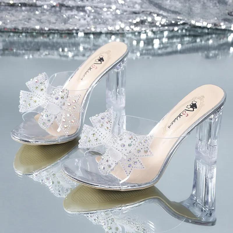 

Fashion High Heeled Slippers for Women 2025 New Fashion Korean Version Rhinestone Bow Transparent Crystal Heel Sandals for Women 34 серебряный