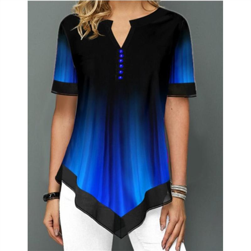 

2020 трендовые летние женские модные повседневные рубашки и блузки с круглым вырезом и пуговицами в полоску с короткими рукавами и принтом, шифоновые туники нестандартной формы, топы 2XL синий