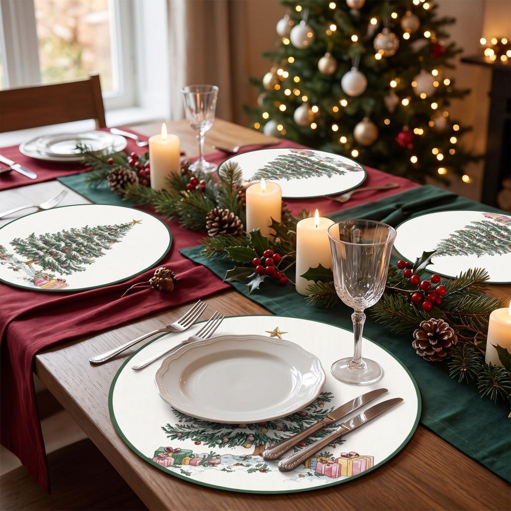 Christmas Round Placemats, Set of 4 Heat Printed Holiday Table Mats for Dining
