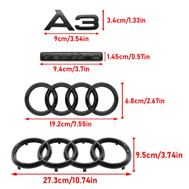 QR5 M5 A3 4 Ring Logo ABS Glossy Black Car Hood Front Bonnet Grill Badge Rear Trunk Quarrto Emblem Stickers Decal For A3 2010-2020