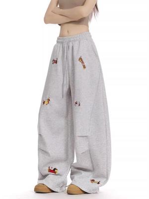 Pantalones de chándal anchos bordados de Dachshund americano para mujer - Estilo de caída perezosa 2026