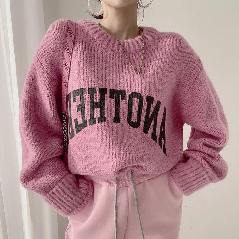 Koreanische Mode Herbst und Winter Bonbonfarben Pullover für Damen Locker Übergroß Pullover Buchstaben Gestrickte Pullover O-Ausschnitt