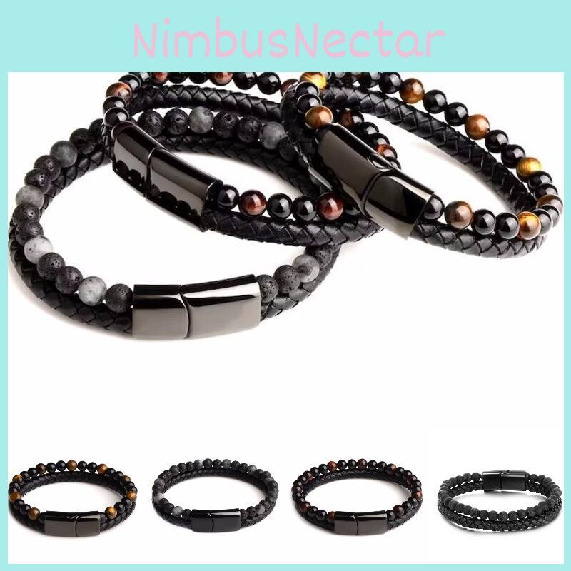 Sophisticated Men's Bracelet With Volcanic Stone Beads Alloy Clasp And Resilient Faux Leather