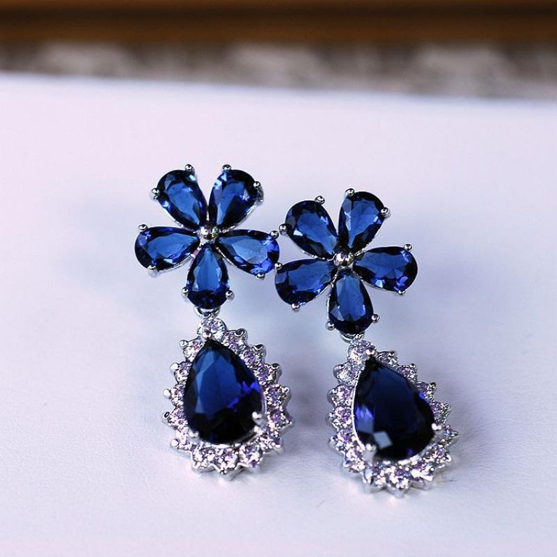 European-American Zirconia Floral Long Bridal Dangle Earrings