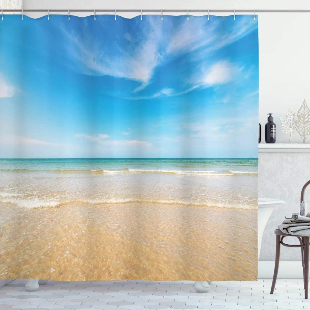 Seaside Ocean Shower Curtain Summer Beach Water Palm Tree Hawaii Landscape Fabric Bathroom Decor Curtains with Hooks Blue Green