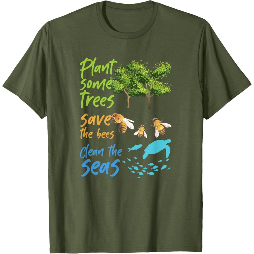 Plant Trees Save Bees Clean Seas Turtle Graphic Cotton T-Shirt Casual Crewneck Tee
