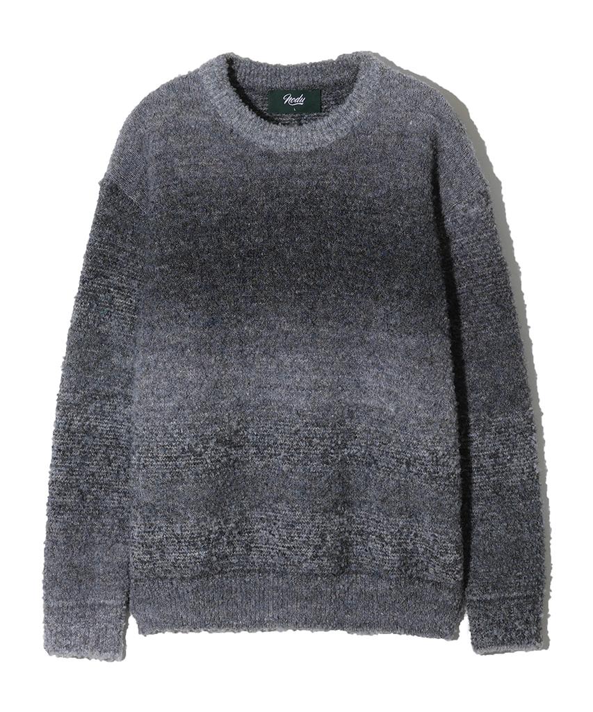 NODU Npn Gradient Boucle Two-Tone Striped Round Neck Long Sleeve Knit [Black]
