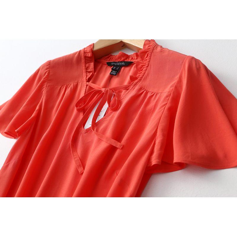 Old Customer B Into ~ Foreign Trade Original Order V Neck Drape Breathable Ruffled Short Sleeves Rayon Shirt Women's Viscose Tops
