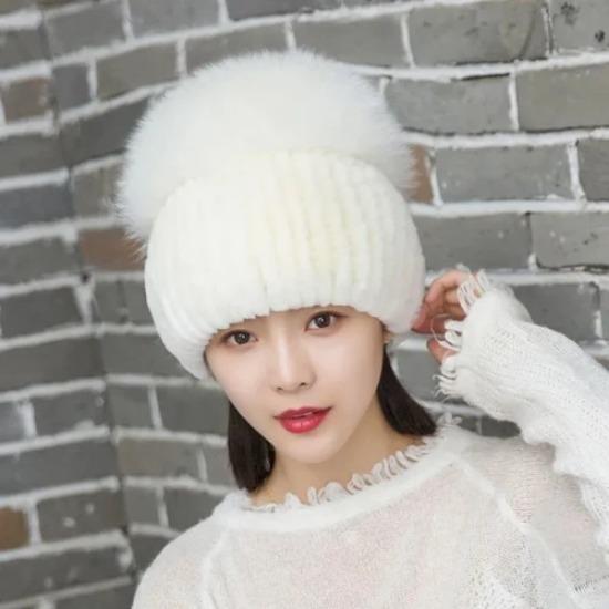 New Outdoor Good Elastic Natural Rex Rabbit Fur Hat Women Winter Knitted Real Sliver Fox Fur Cap Lady Real Fur Hats