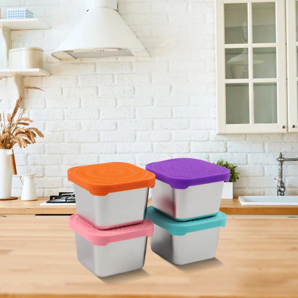 4 Stainless Steel Lunch Boxes with Silicone Lids Square 6 Ounce Snack Containers for Packing Food for Work or Travel