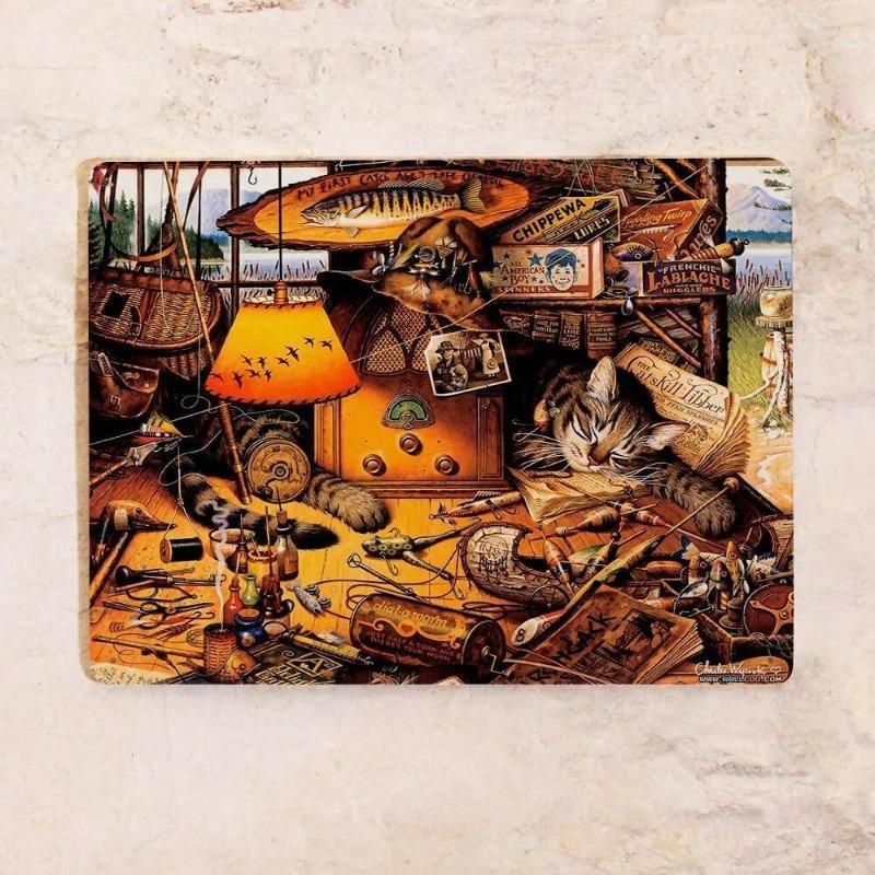 Cats by the Fireplace Metal Sign 20x30cm, Vintage Cozy Wall Art Decor