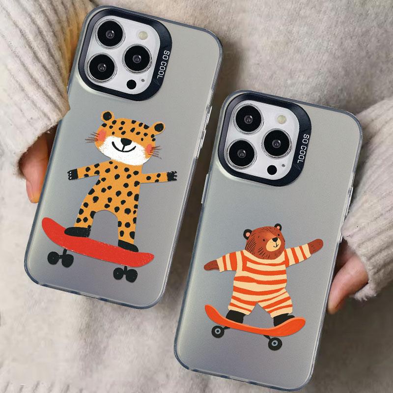 Cartoon Cool Skateboard Bear Laser Phone Case for IPhone 17 14 15 16 Pro Max Plus 12 13 Mini 11 Pro Max 17 Air Shockproof Covers