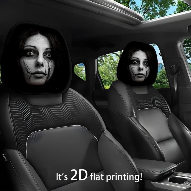 2 Stück Halloween-inspirierte Auto-Kopfstützenbezüge Bequeme Polyester-Belüftete Kopfstützenabdeckung Geeignet für Fahrzeuge