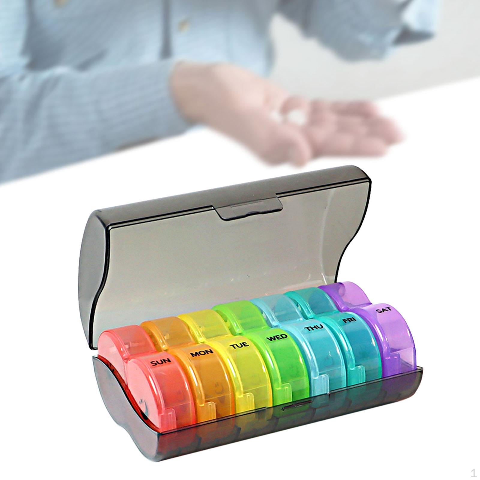 

Compact Pill Box Organizer for Daily Medication - Travel-Friendly Design Black and Multicolor