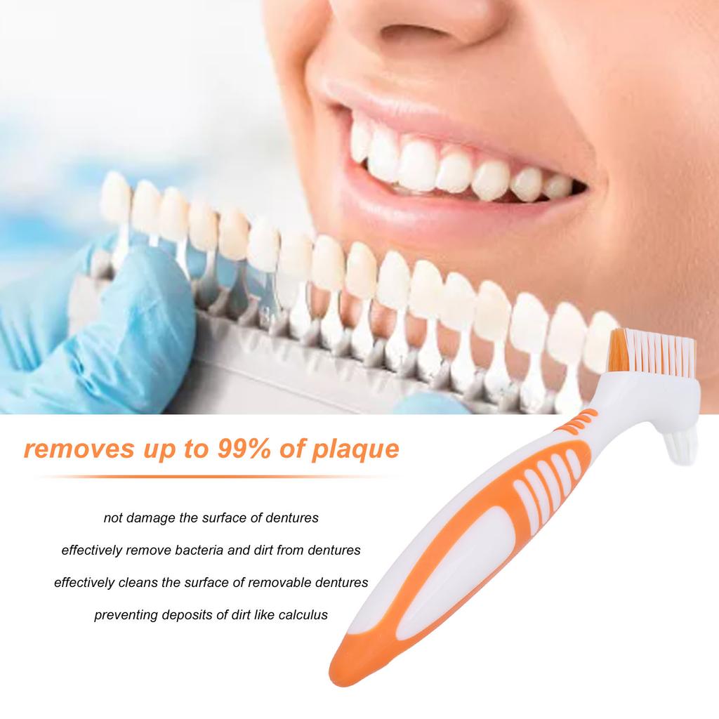 Denture Toothbrush Dual Head Safe Denture Cleaning Tools for Partial Dentures Half Dentures Complete Dentures Orange